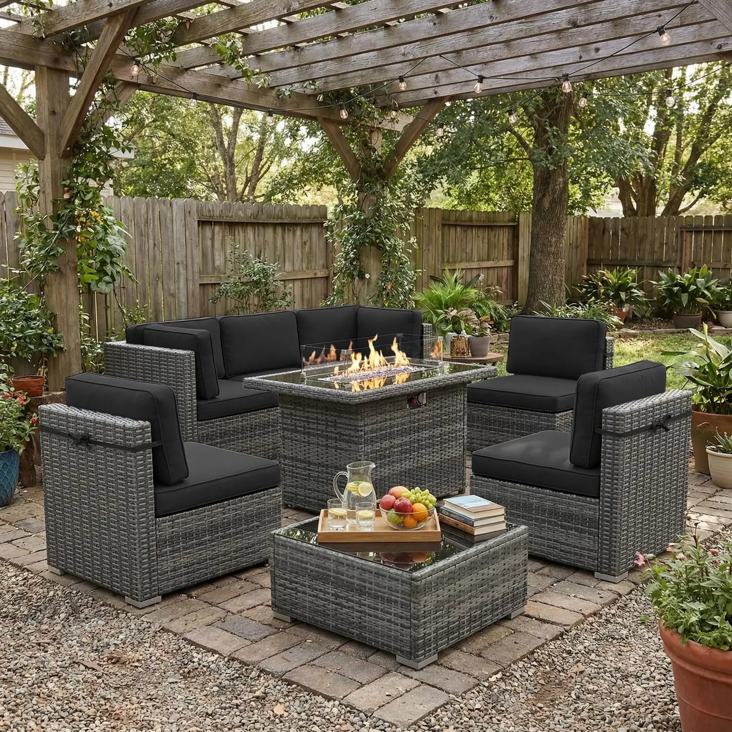 8 Piece Patio Furniture Set With Fire Pit Wicker Rattan