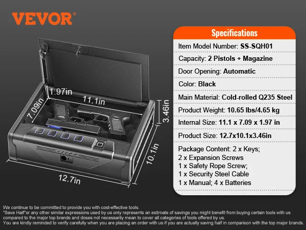 VEVOR Pistol Safe With Three Way Quick Access Biometric Lock