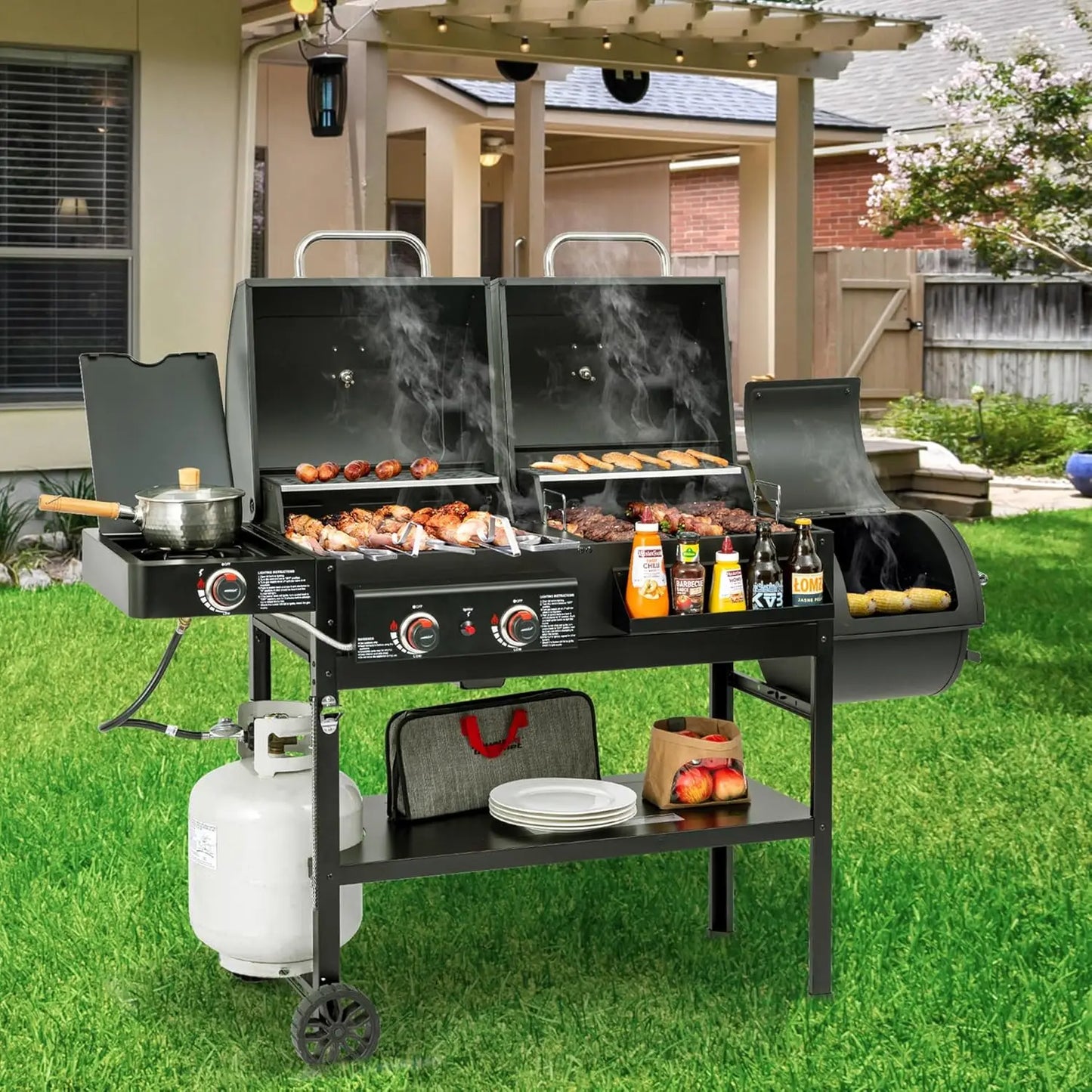 Dual-Fuel Gas Charcoal Grill With Offset Smoker And Side Burner