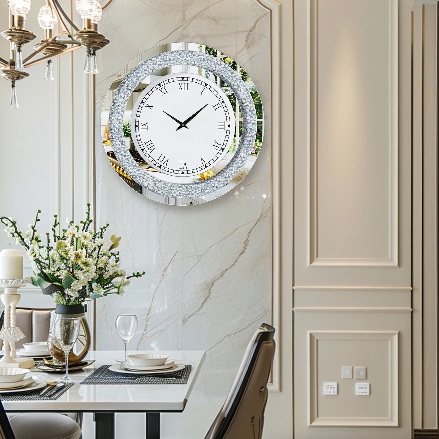 Round Mirror Wall Clock With Crystal Accent For Living Room