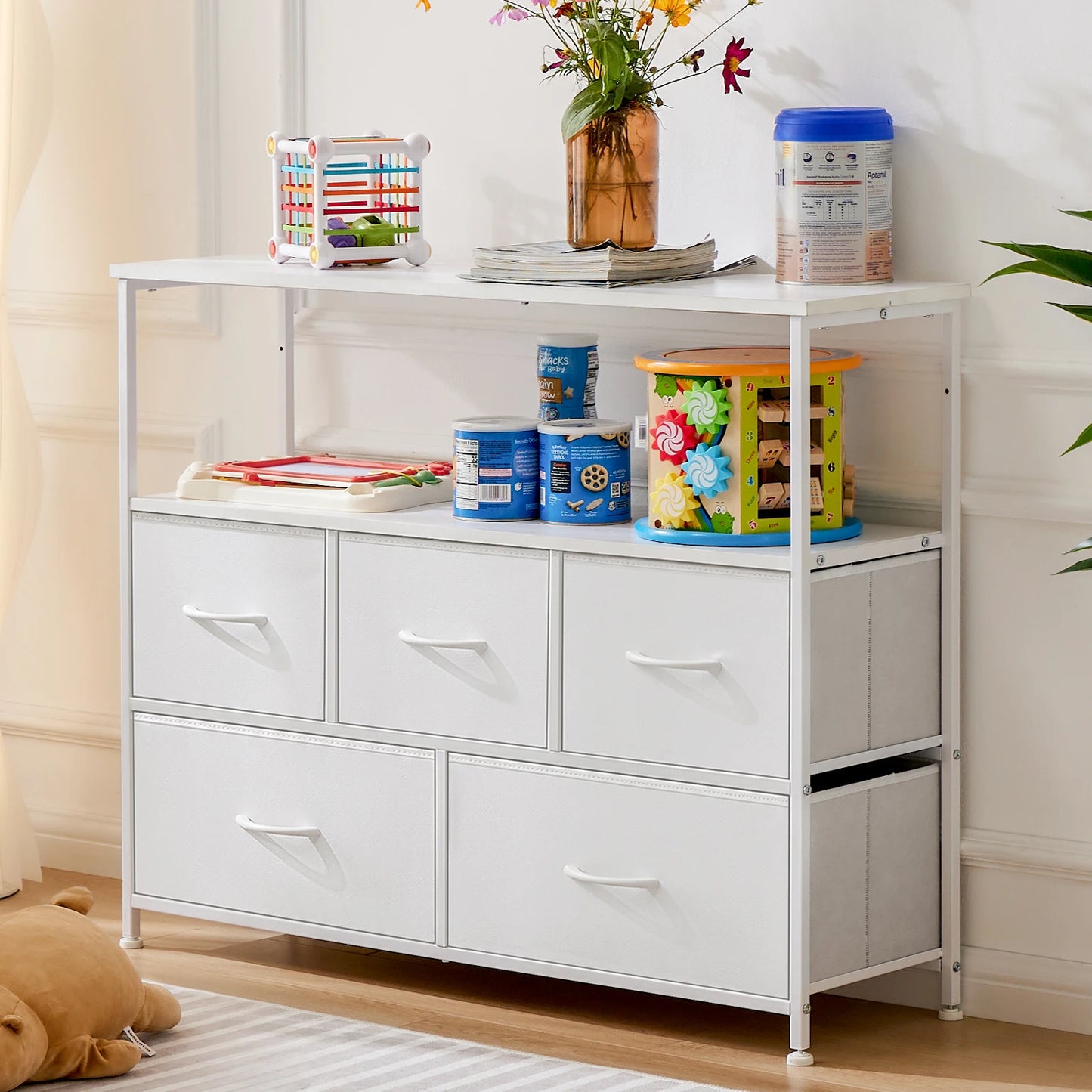 JHK Fireplace TV Stand Dresser With Fabric Drawers