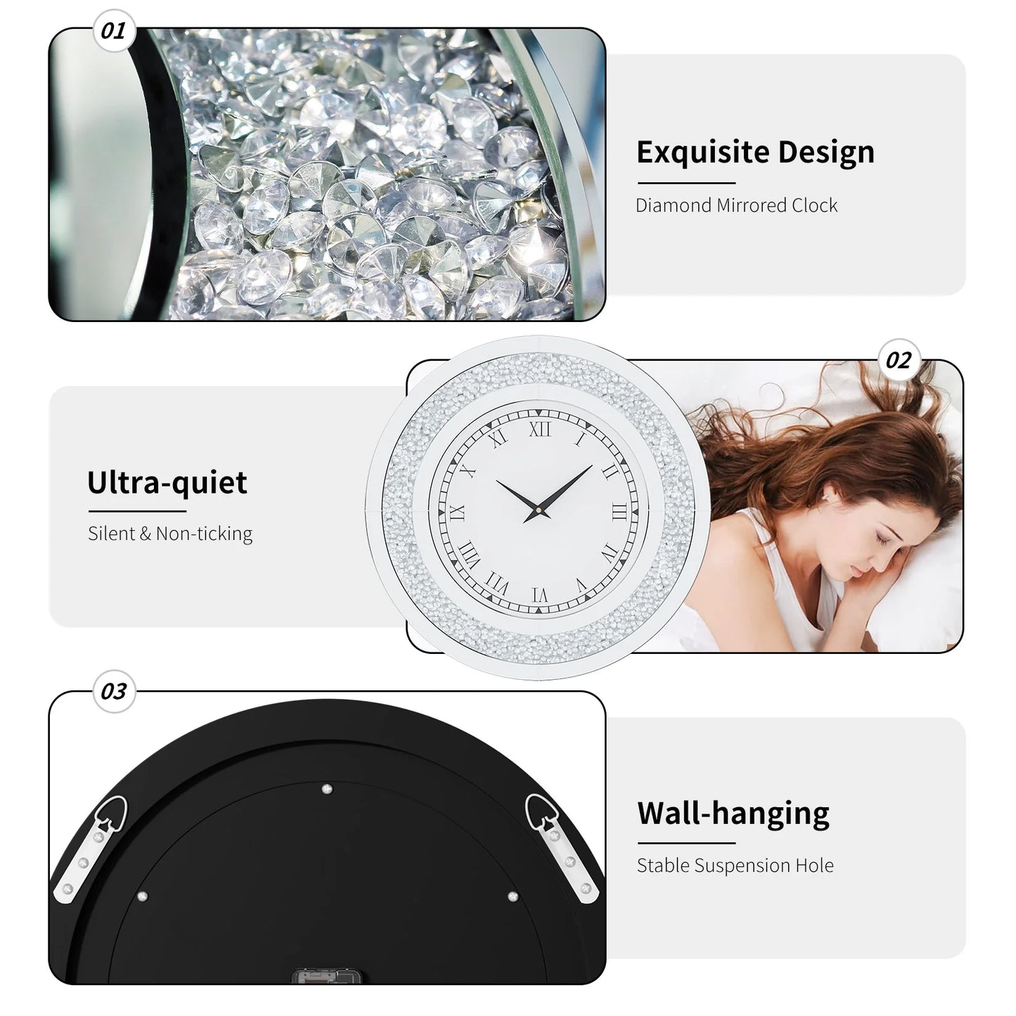 Round Mirror Wall Clock Living Room With Crystal Sparkle Dial