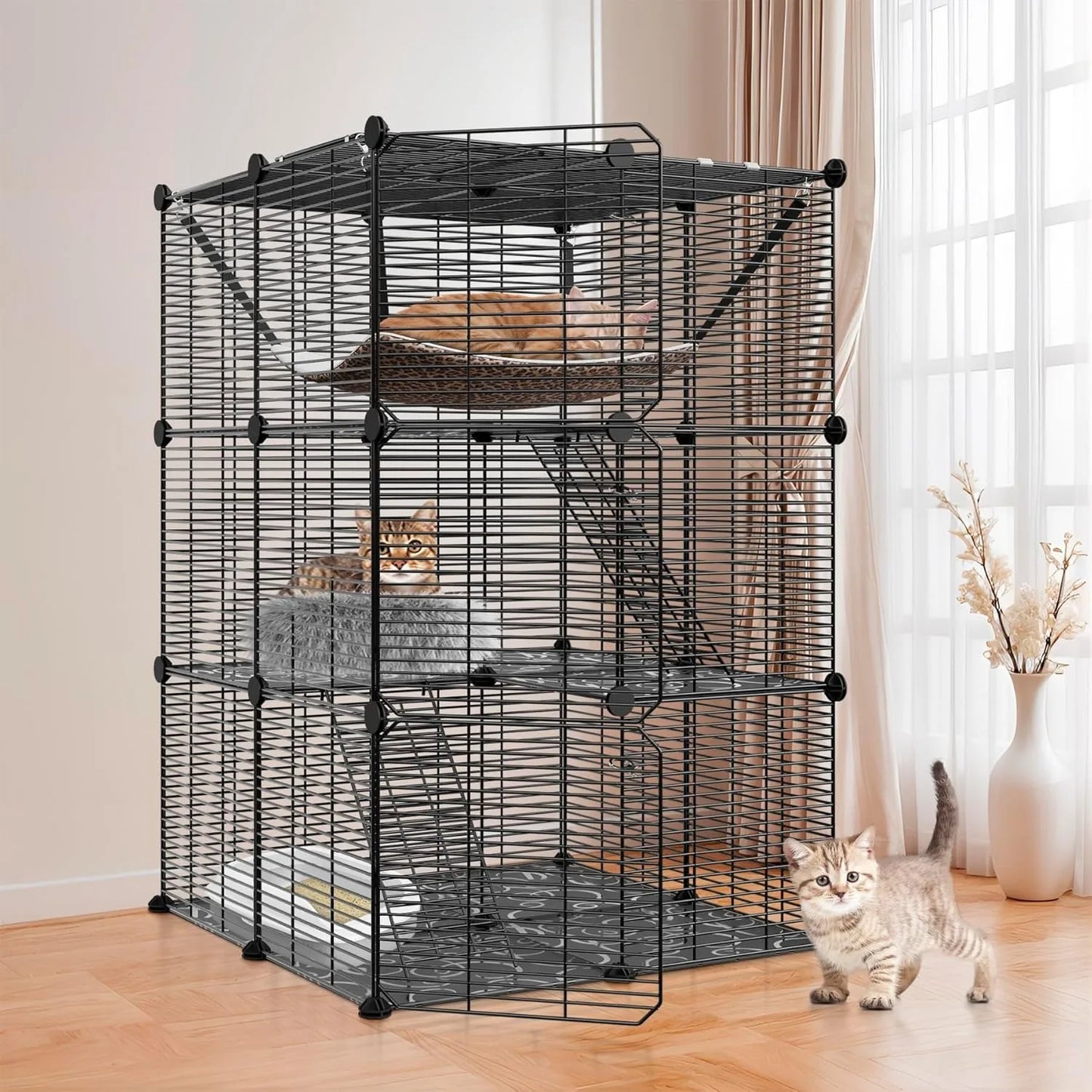3-Tier Cat Cage Indoor Enclosure With Hammock For 1-2 Cats