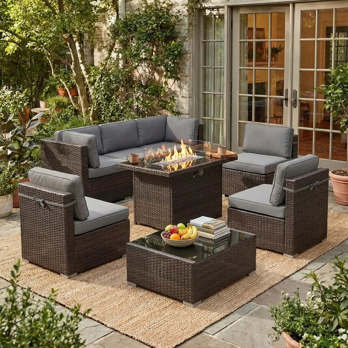 8 Piece Patio Furniture Set With Fire Pit Wicker Rattan