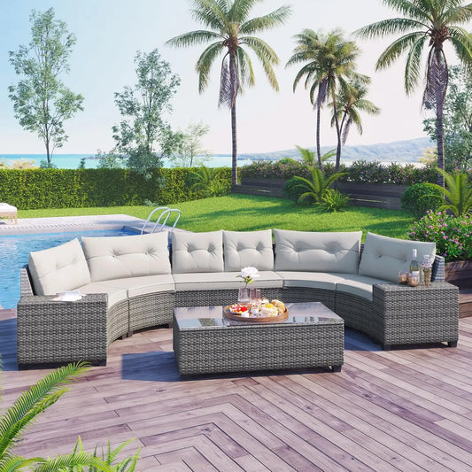 Acacia Wood Half Moon Outdoor Sofa Set With Coffee Table