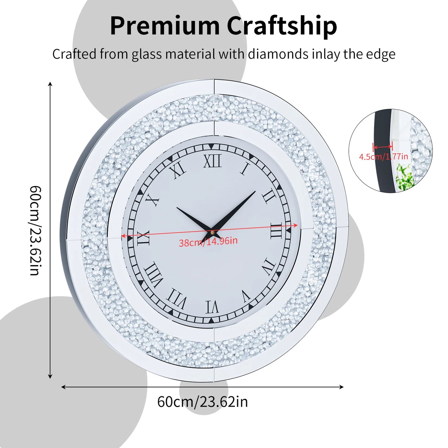 Round Mirror Wall Clock With Crystal Accent For Living Room