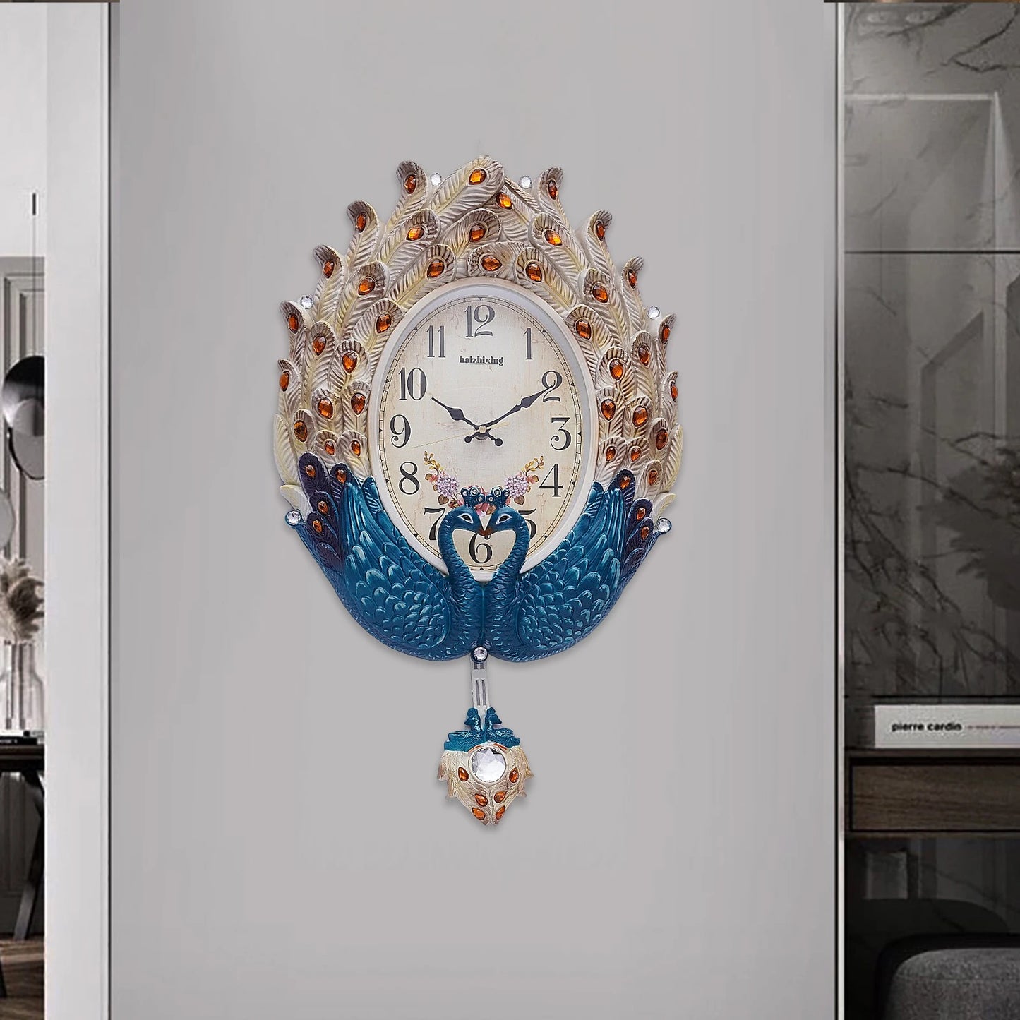 Peacock Wall Clock Silent Metal Pendulum For Living Room