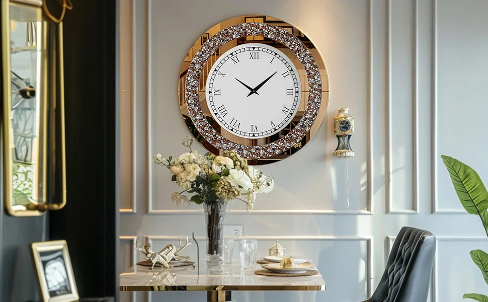 Round Mirror Wall Clock With Crystal Sparkle Accents For Living Room
