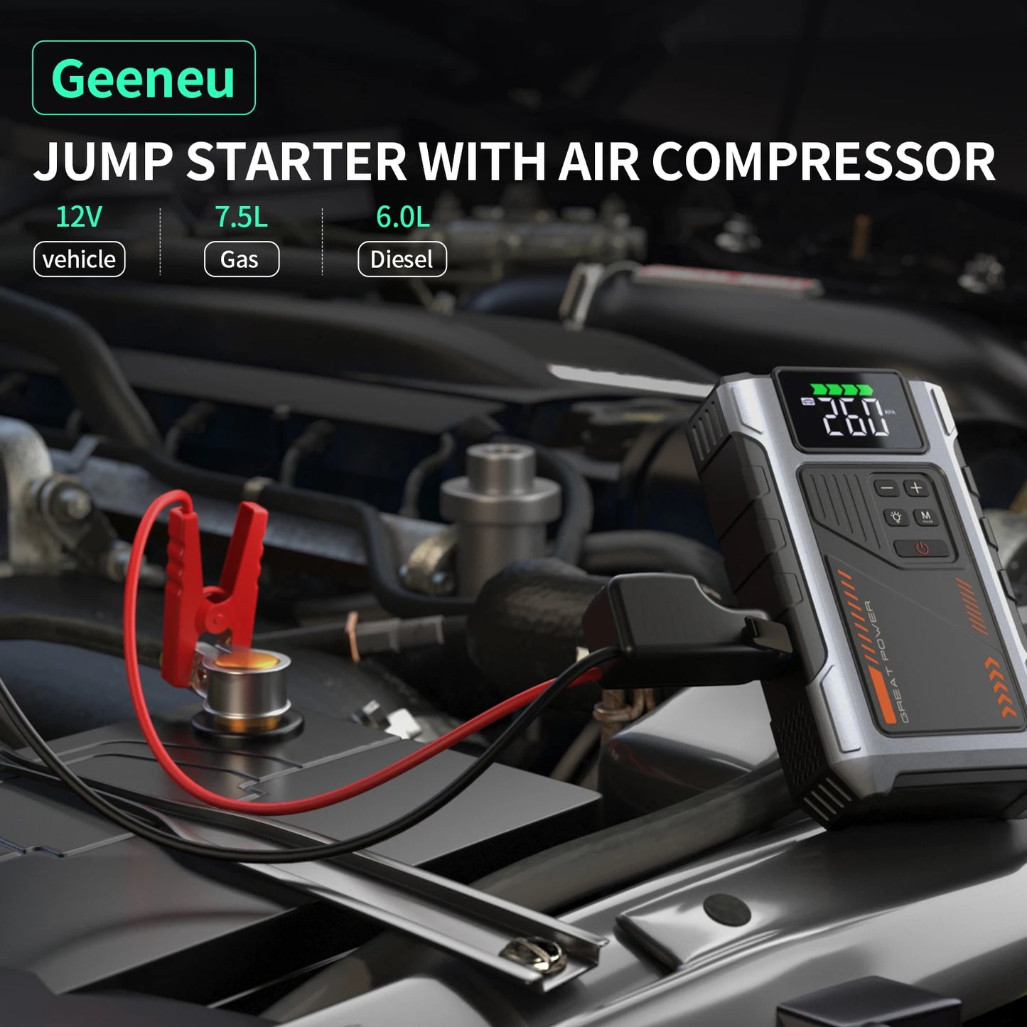 Geeneu Portable Jump Starter With Air Compressor 3000A Peak
