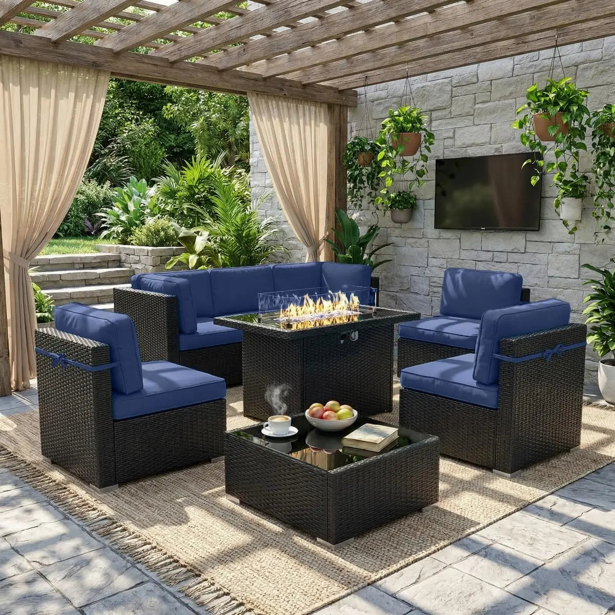 8 Piece Patio Furniture Set With Fire Pit Wicker Rattan