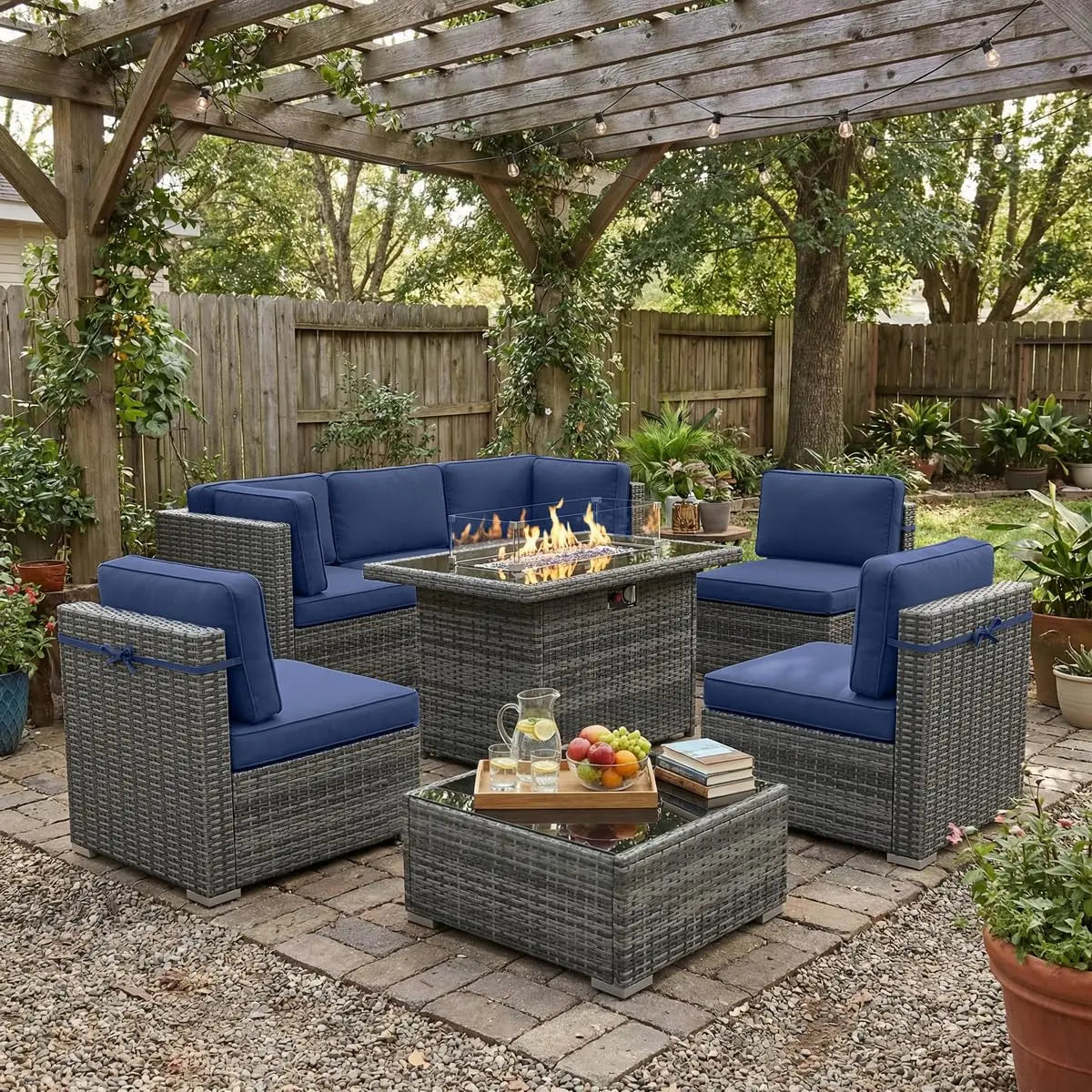 8 Piece Patio Furniture Set With Fire Pit Wicker Rattan