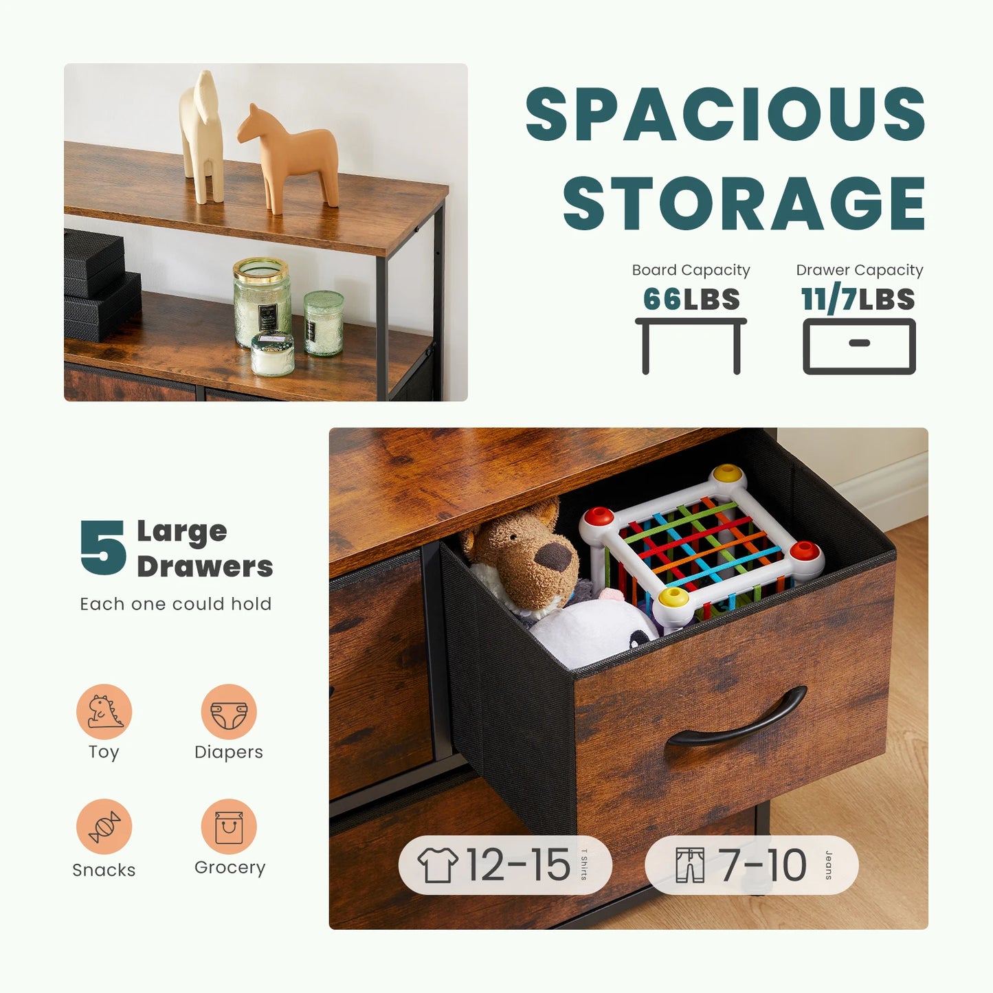 JHK Fireplace TV Stand Dresser With Fabric Drawers