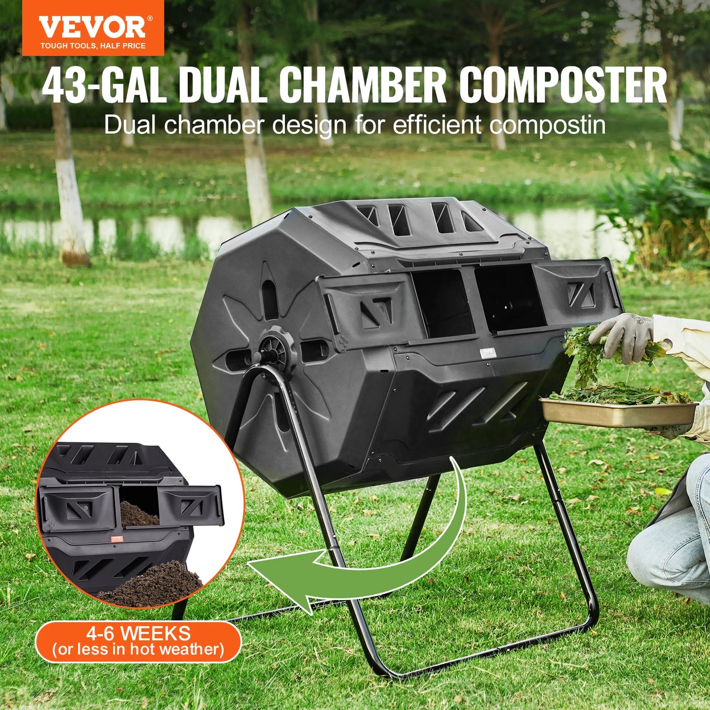 43-Gallon Tumbling Dual Chamber Composter For Garden And Kitchen