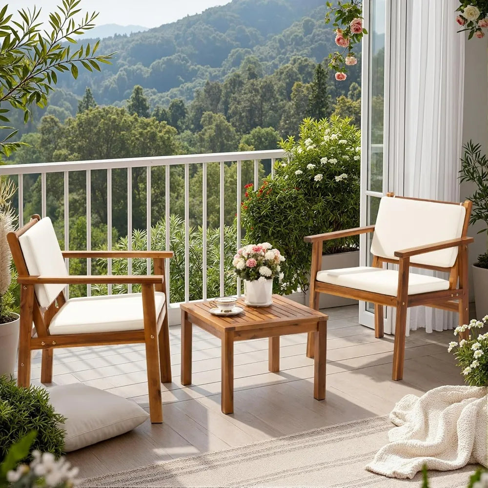 Flamaker 3 Piece Acacia Wood Patio Set With Cushions