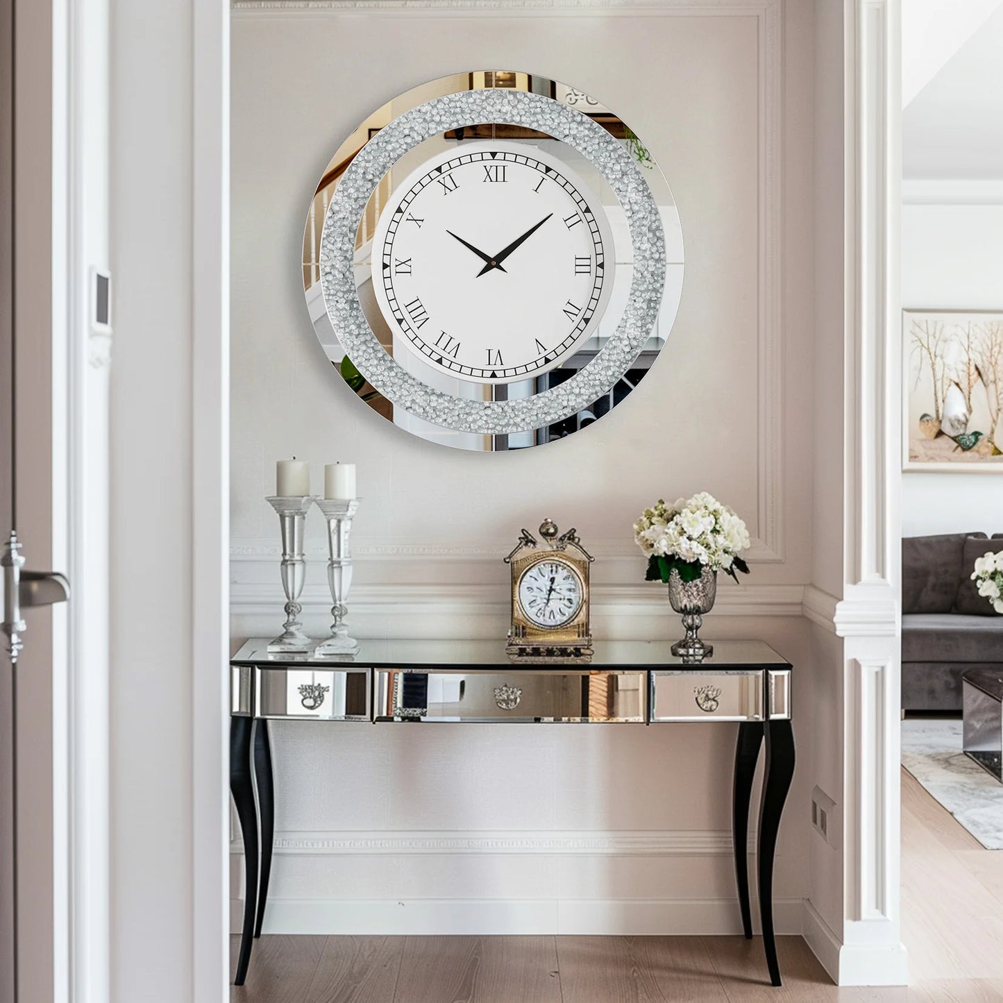 Round Mirror Wall Clock With Crystal Sparkle Accents For Living Room