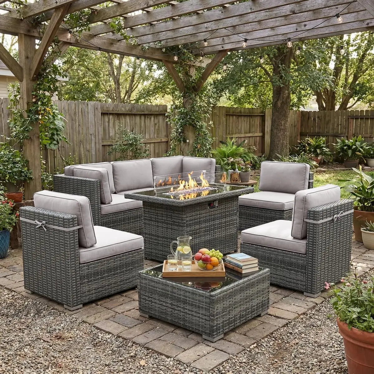 8 Piece Patio Furniture Set With Fire Pit Wicker Rattan