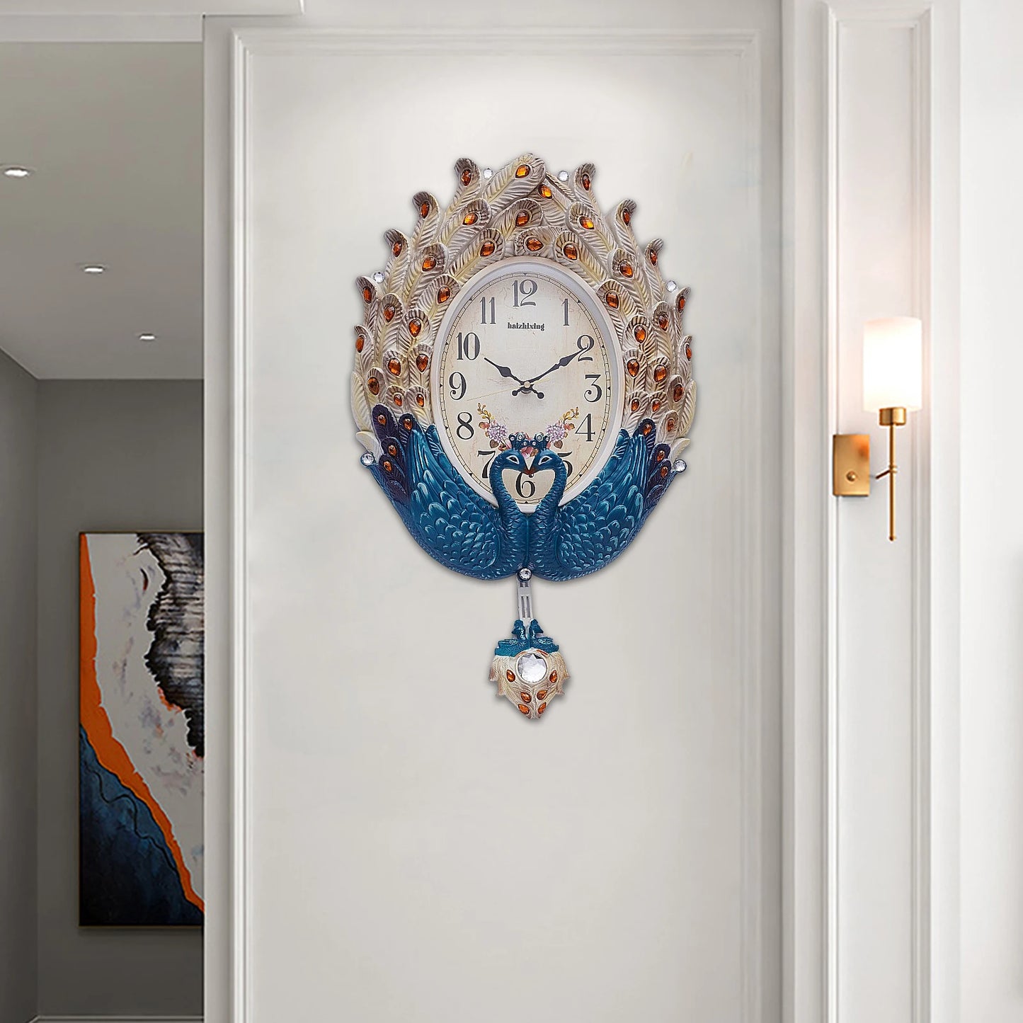 Peacock Wall Clock Silent Metal Pendulum For Living Room
