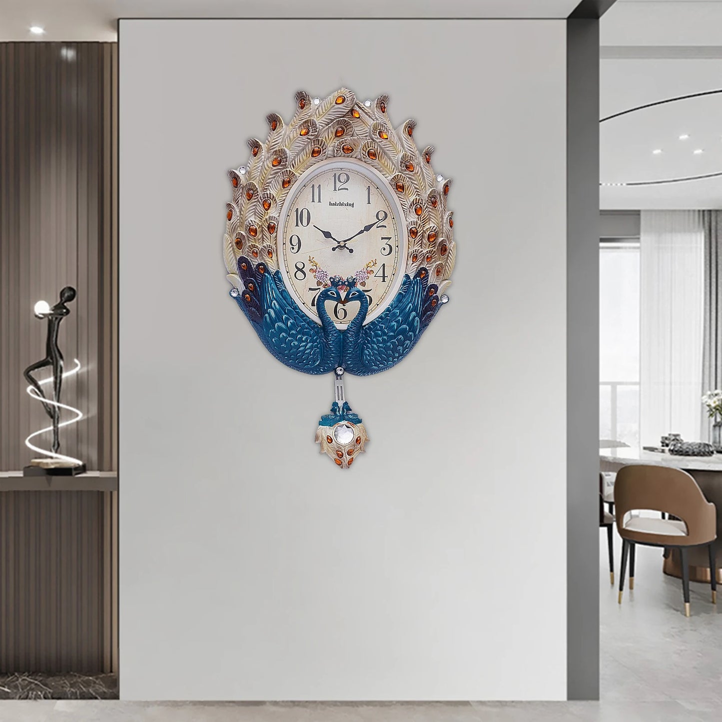 Peacock Wall Clock Silent Metal Pendulum For Living Room