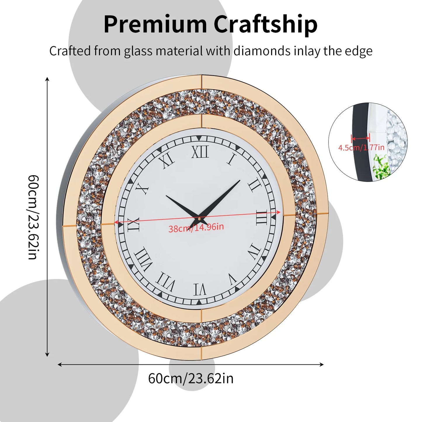 Round Mirror Wall Clock With Crystal Accent For Living Room