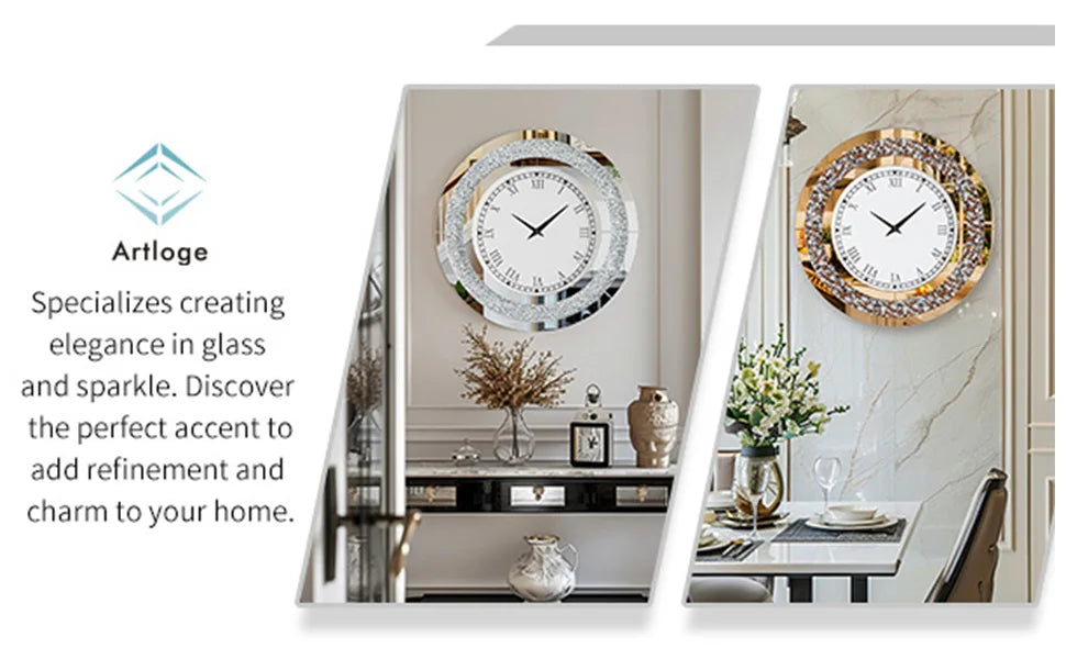 Round Mirror Wall Clock Living Room With Crystal Sparkle Dial