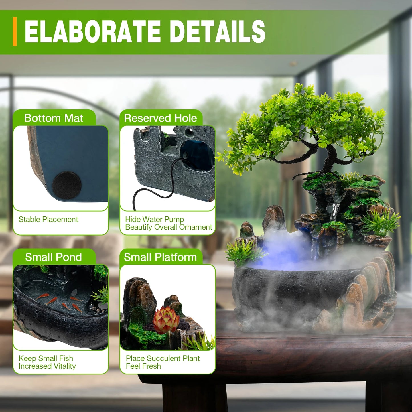 Indoor Tabletop Waterfall Fountain With LED Lights And Atomizer
