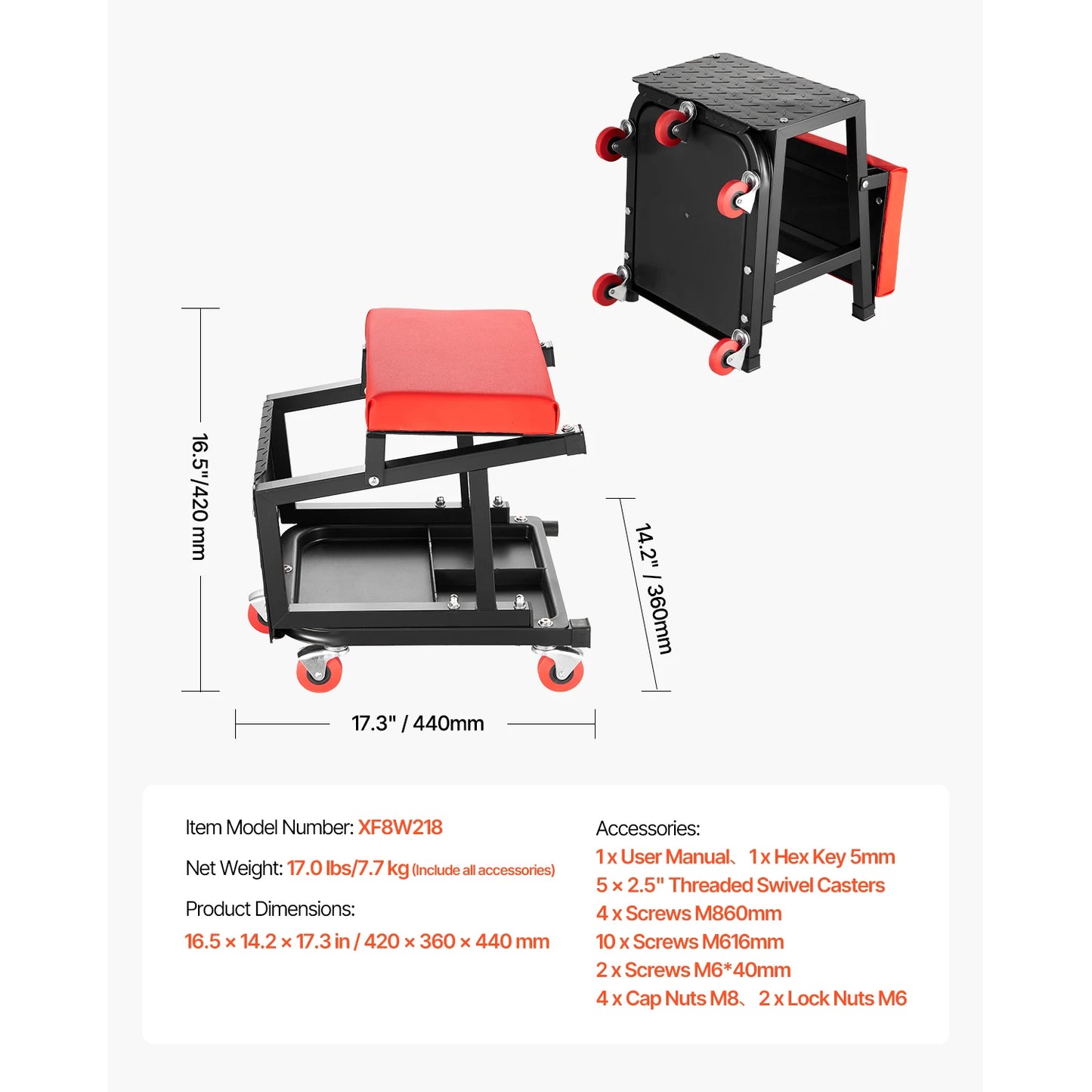 SucceBuy Mechanic Stool With Wheels 360 Degree Swivel Tool Tray