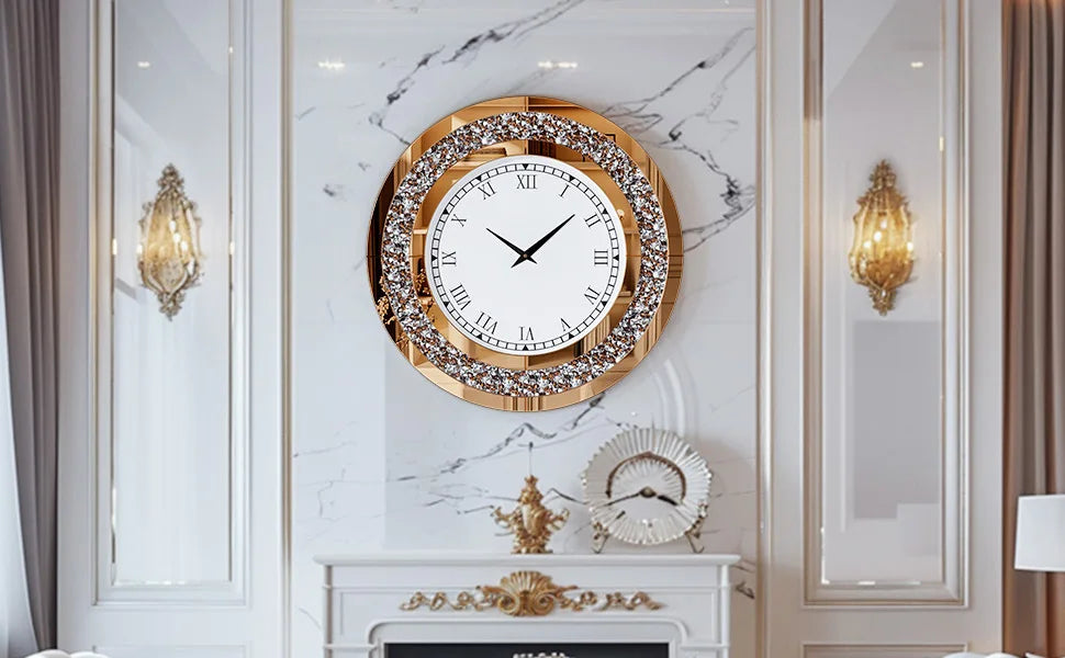 Round Mirror Wall Clock With Crystal Accent For Living Room