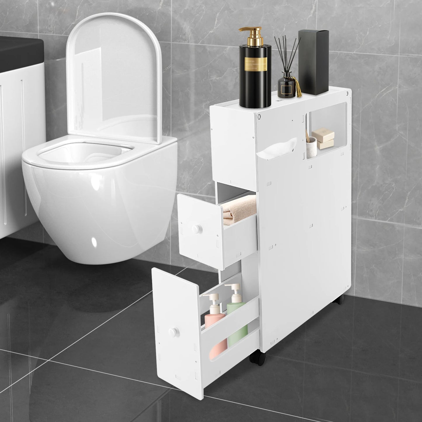 PVC Modern Bathroom Storage Cabinet Narrow Floor Standing With Drawers
