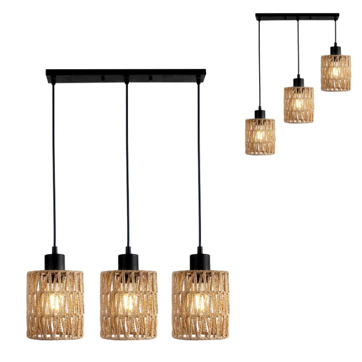 Farmhouse Boho Rattan Pendant Light With Adjustable Height E27