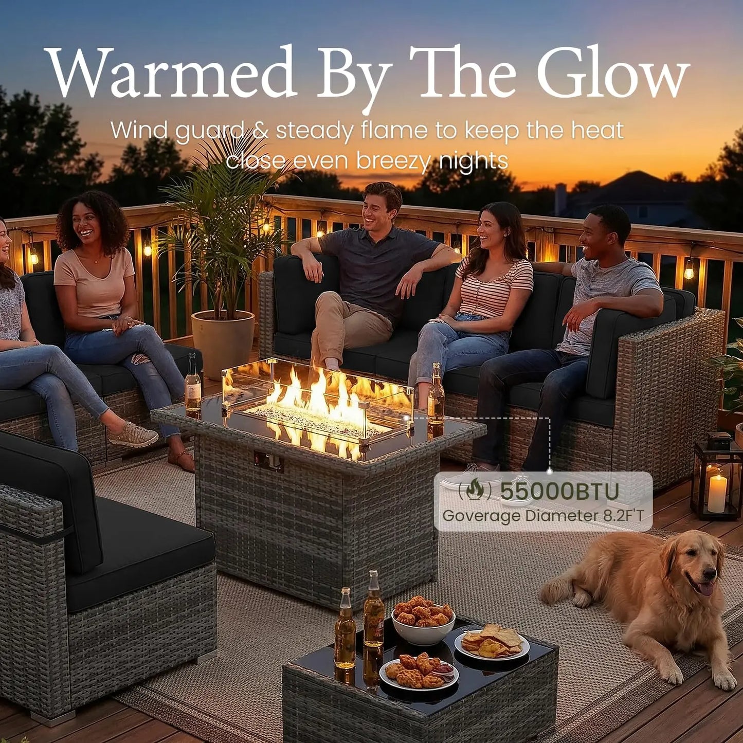 8 Piece Patio Furniture Set With Fire Pit Wicker Rattan