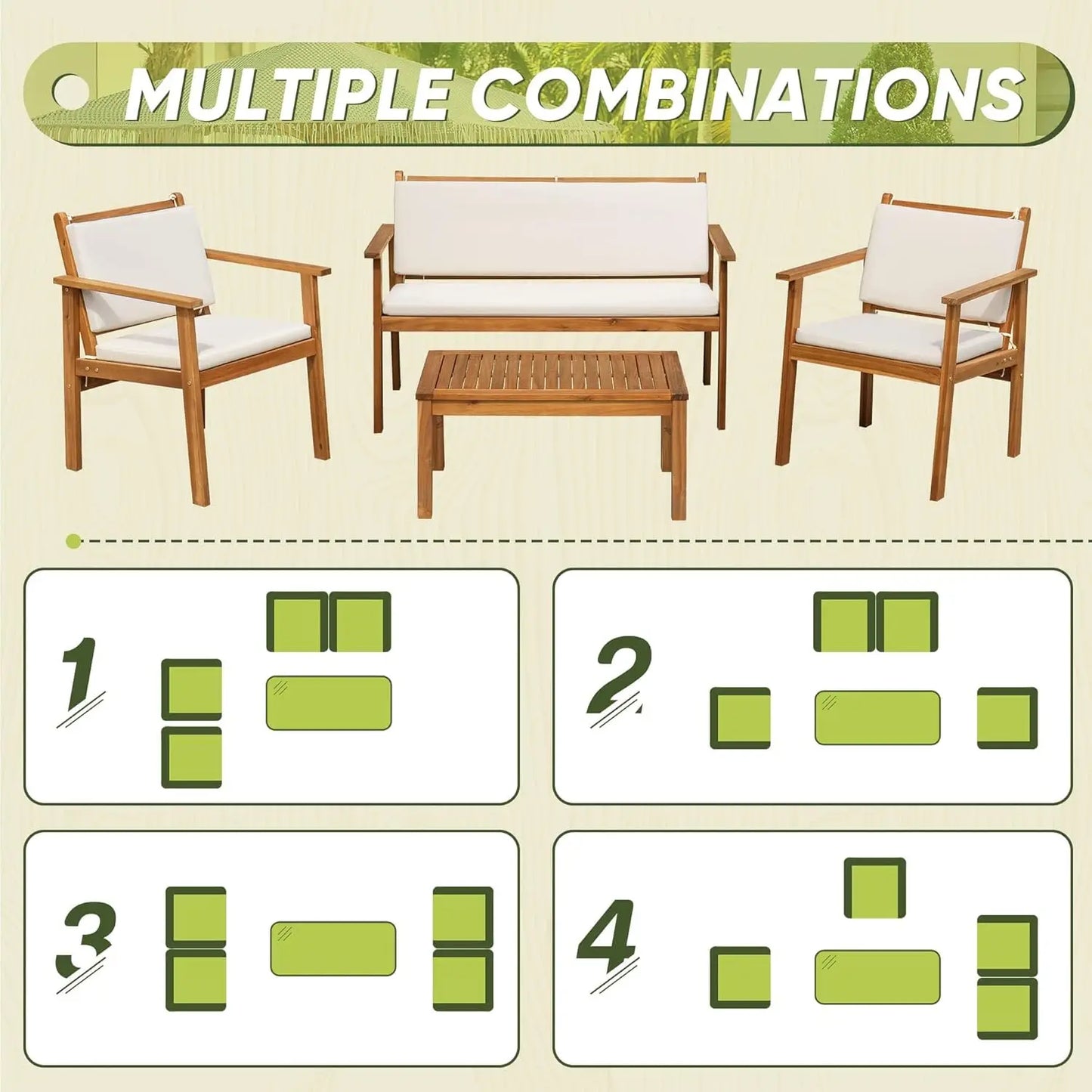 Flamaker 3 Piece Acacia Wood Patio Set With Cushions