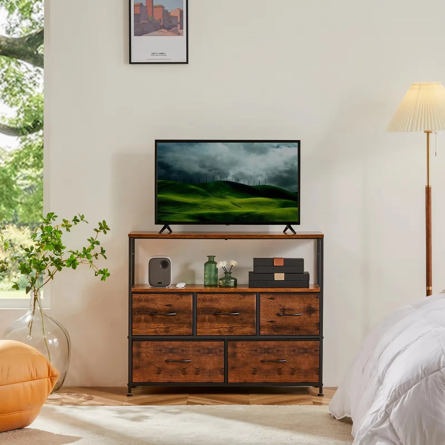 JHK Fireplace TV Stand Dresser With Fabric Drawers