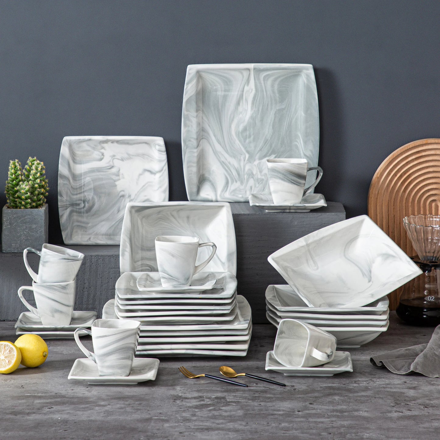 Malacasa Marble Grey Porcelain Dinnerware Set Service For 12