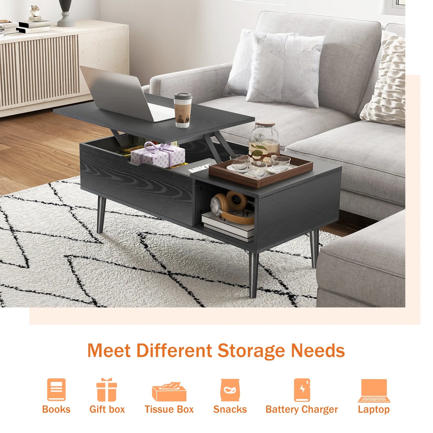 JHK Lift Top Coffee Table Living Room With Adjustable Storage