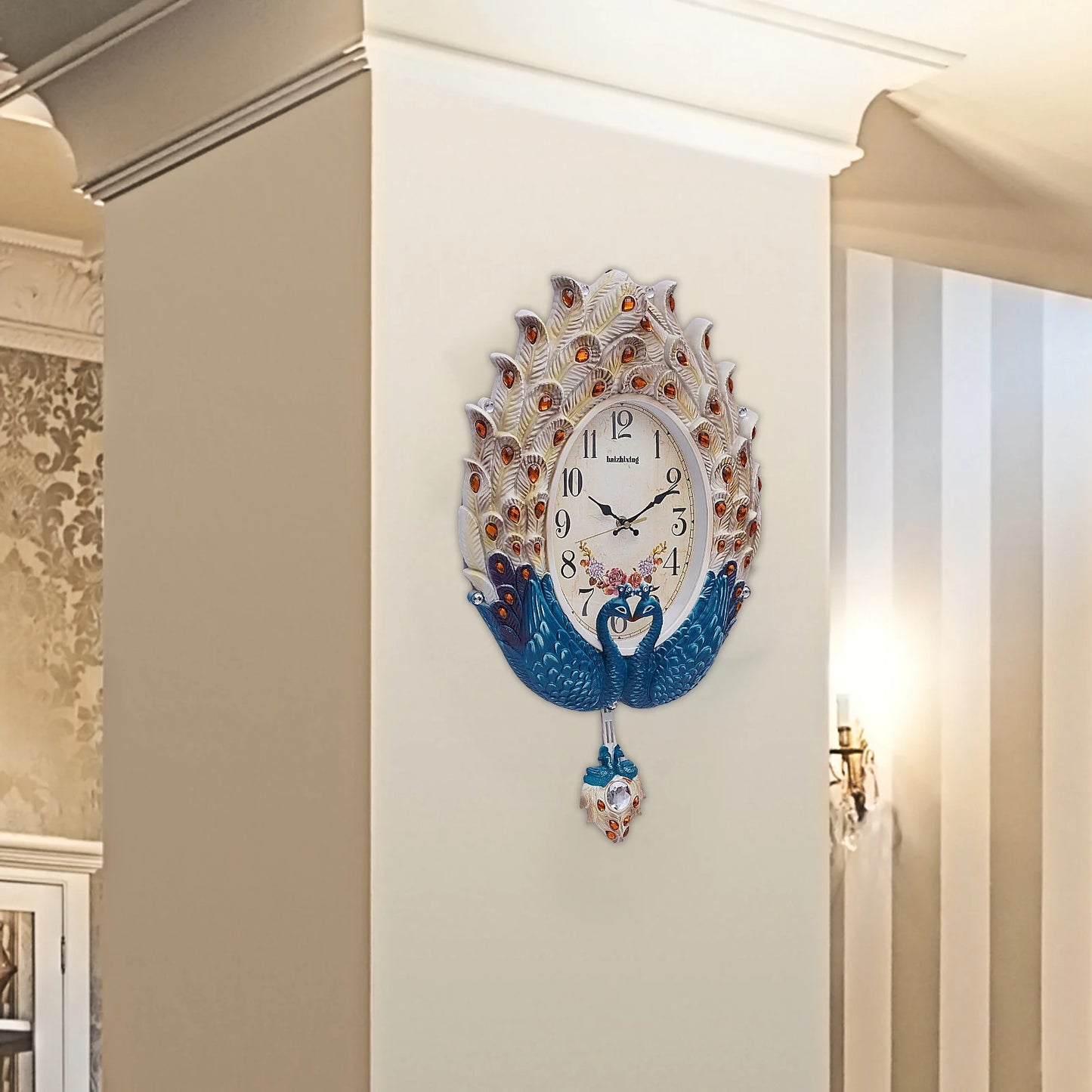 Peacock Wall Clock Silent Metal Pendulum For Living Room