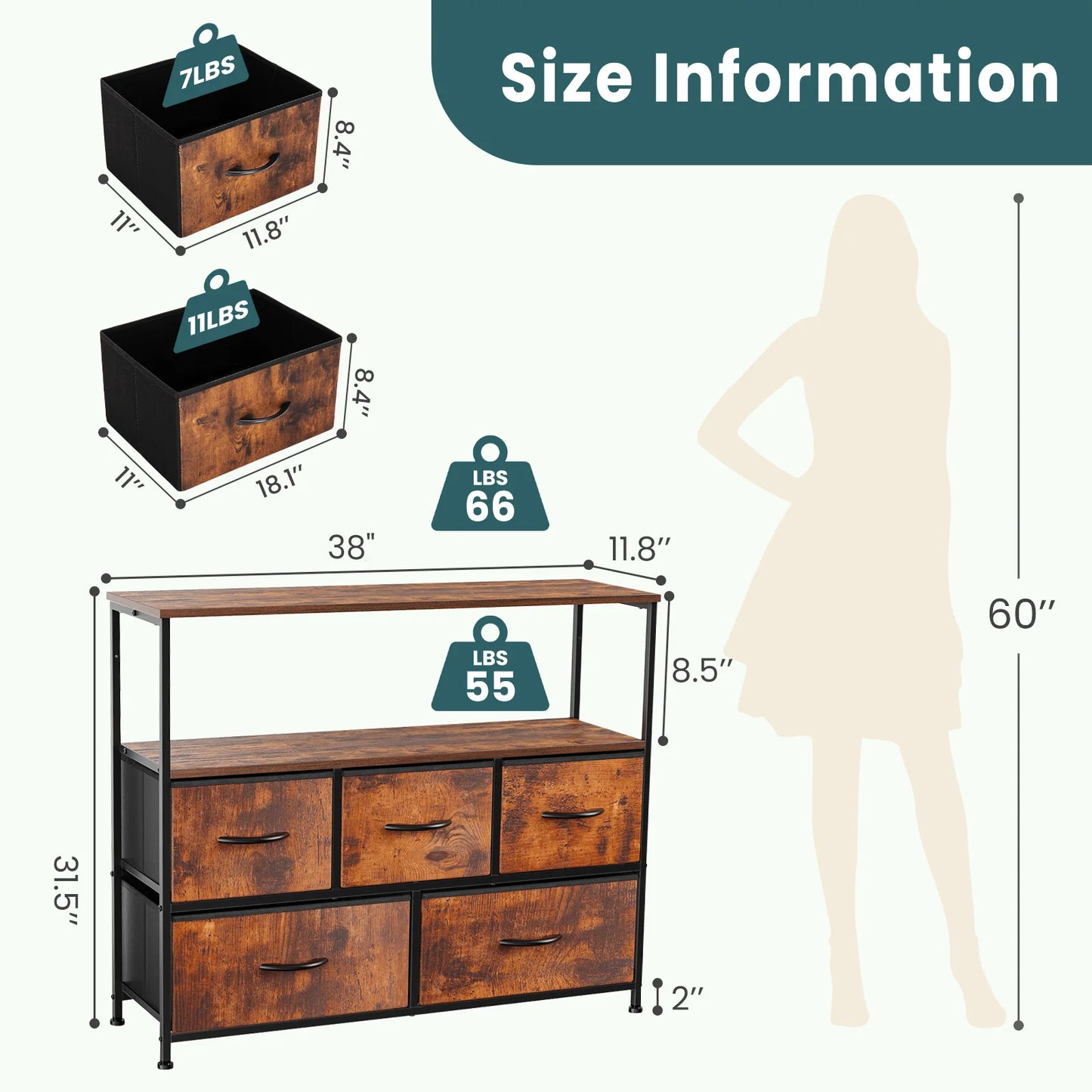 JHK Fireplace TV Stand Dresser With Fabric Drawers