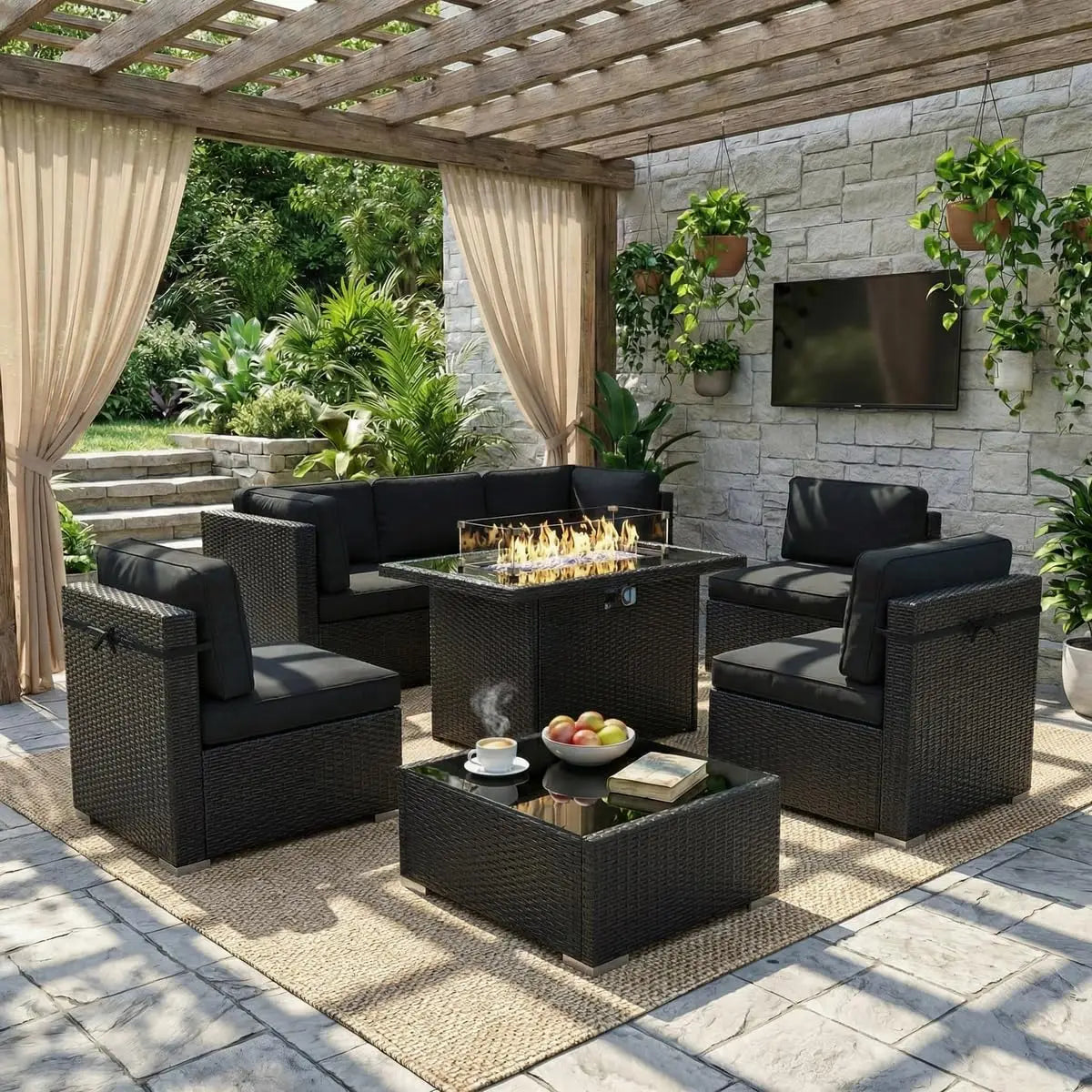8 Piece Patio Furniture Set With Fire Pit Wicker Rattan