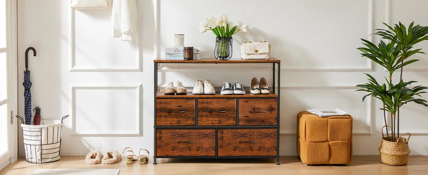 JHK Fireplace TV Stand Dresser With Fabric Drawers