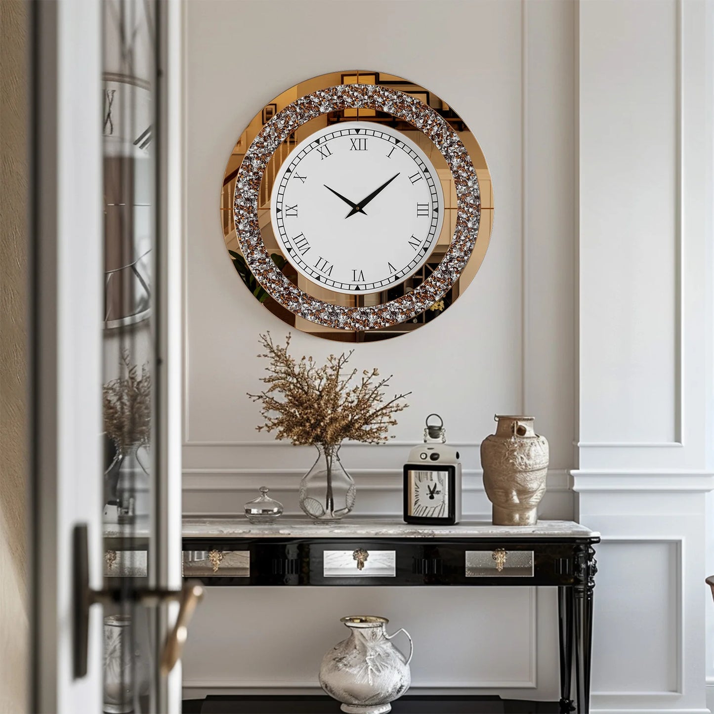 Round Mirror Wall Clock With Crystal Sparkle Accents For Living Room