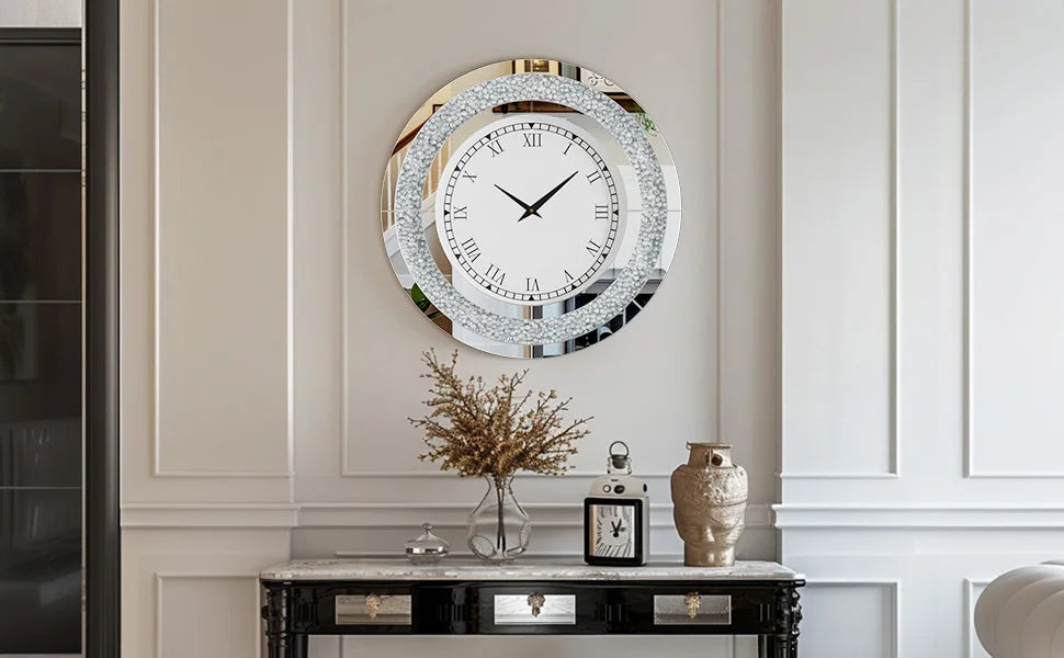 Round Mirror Wall Clock Living Room With Crystal Sparkle Dial