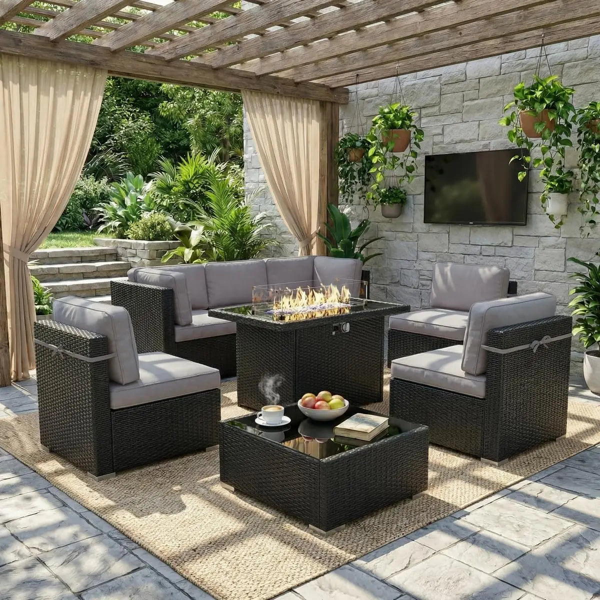 8 Piece Patio Furniture Set With Fire Pit Wicker Rattan