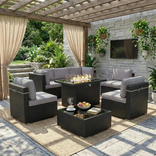 8 Piece Patio Furniture Set With Fire Pit Wicker Rattan