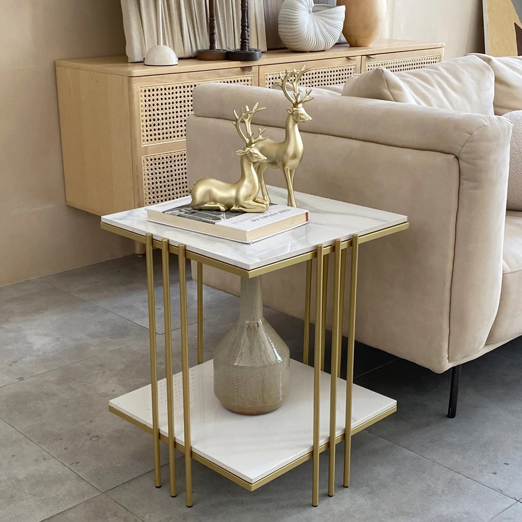 Two Tier End Table With Sintered Stone Top Gold Frame