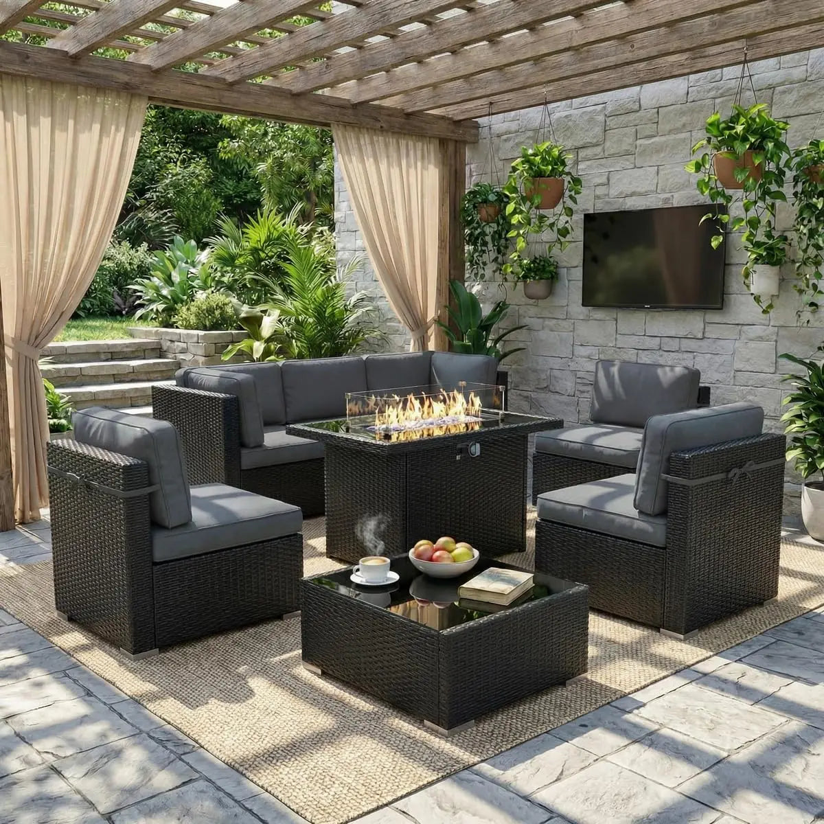 8 Piece Patio Furniture Set With Fire Pit Wicker Rattan