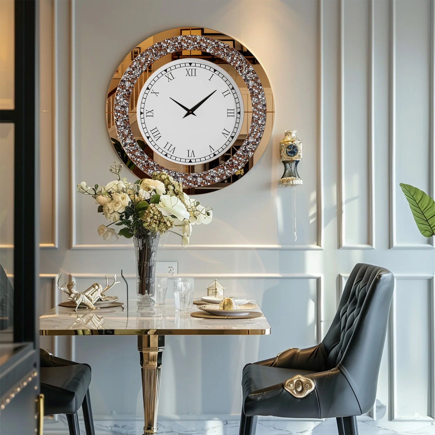 Round Mirror Wall Clock Living Room With Crystal Sparkle Dial