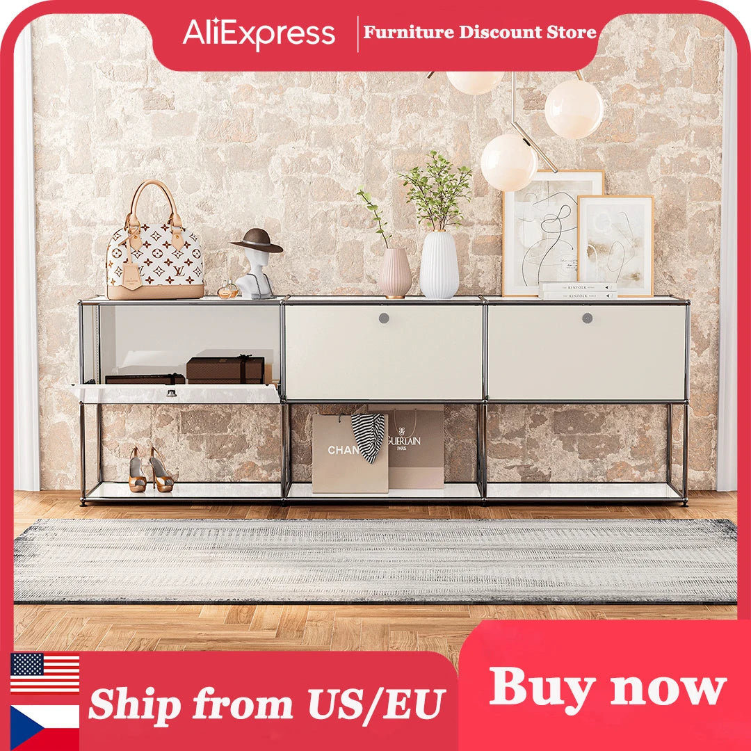 Stainless Steel Storage Cabinet Sideboard With Metal Shelves Living Room