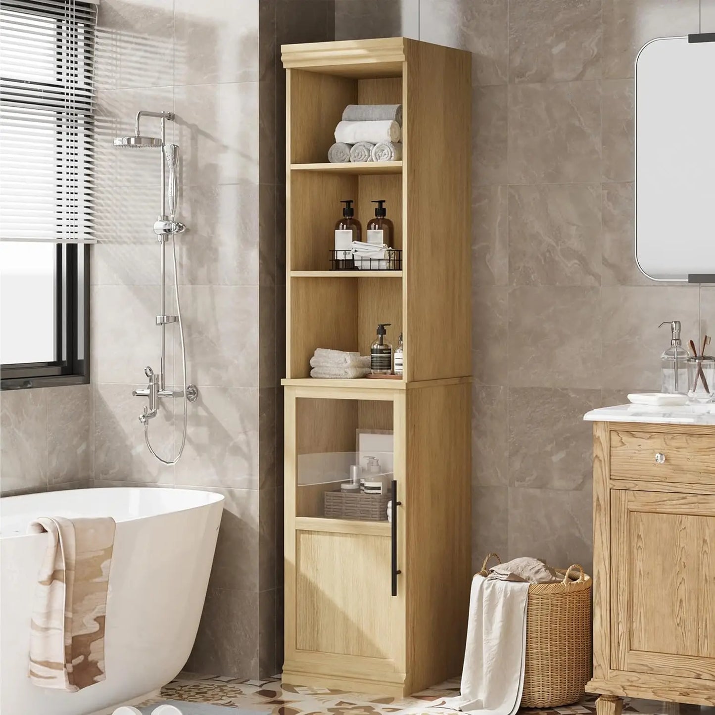 HiMISS Narrow Bathroom Cabinet With Glass Door Slim Storage Unit