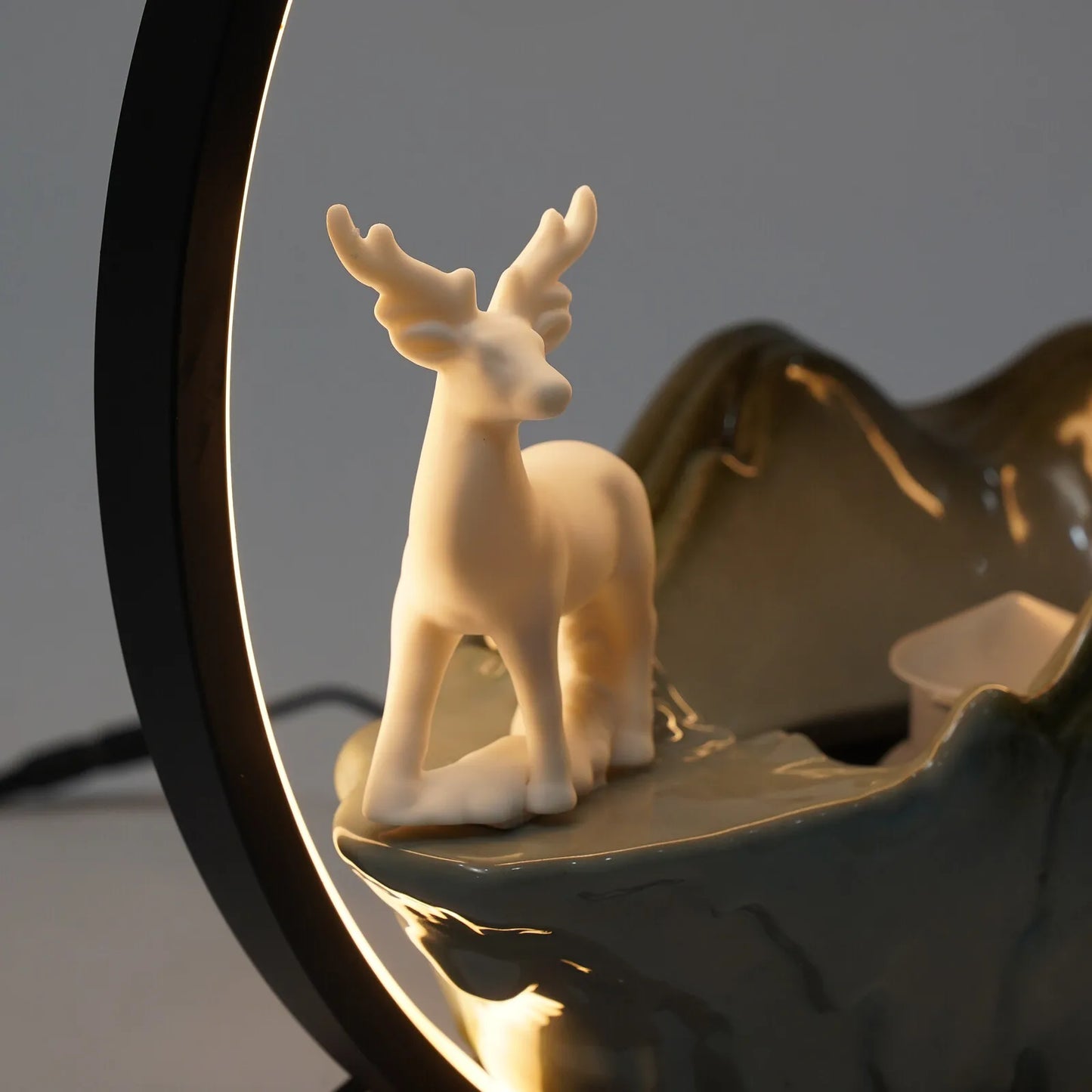Ceramic 110V Tabletop Fountain With LED Deer Figurine Pine Branches