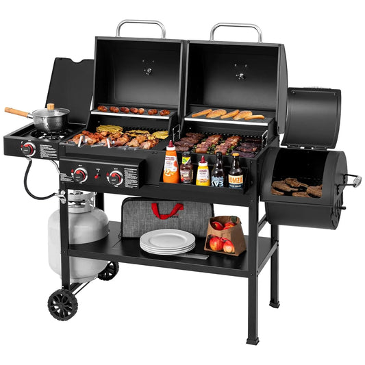 Dual-Fuel Gas Charcoal Grill With Offset Smoker And Side Burner