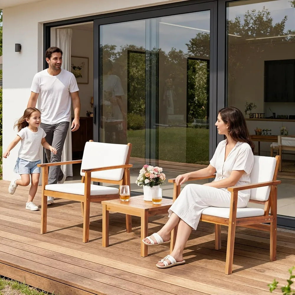 Flamaker 3 Piece Acacia Wood Patio Set With Cushions